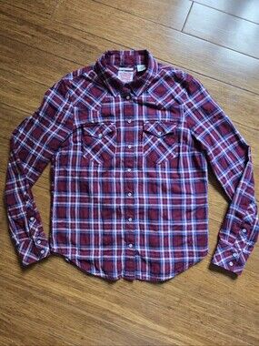 Levi's Soft Red Plaid Western Pearl Snap Flannel Shirt Classic Fit Women's S